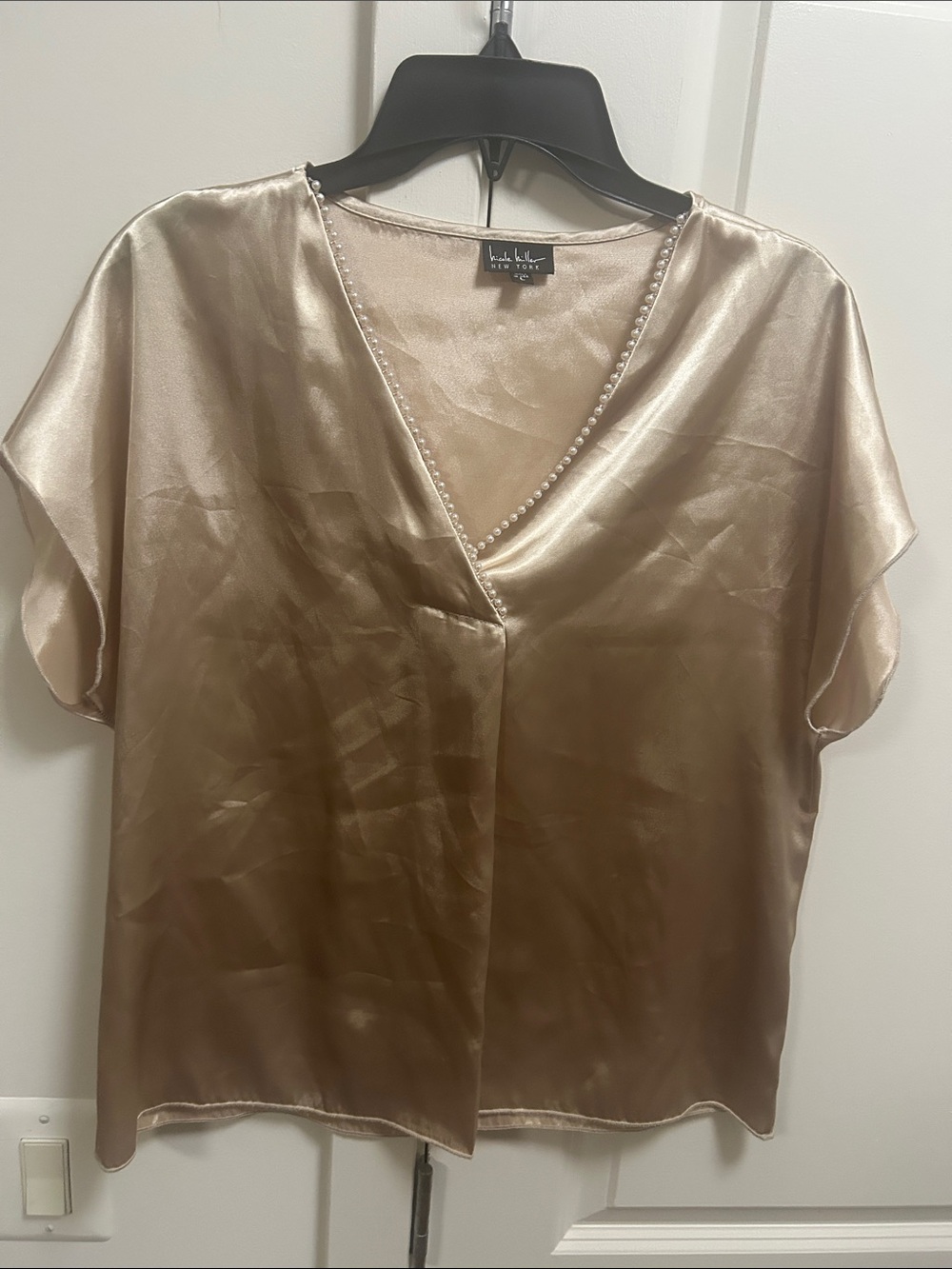 Nicole Miller Women’s Pearl-Trim Satin V-Neck Blouse in Champagne Gold L